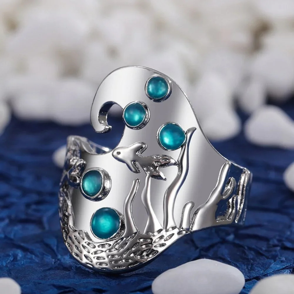 💝"925 Silver Plated Creative Vintage Fish PatternSeaBlue Gemstone RingUNVN12479